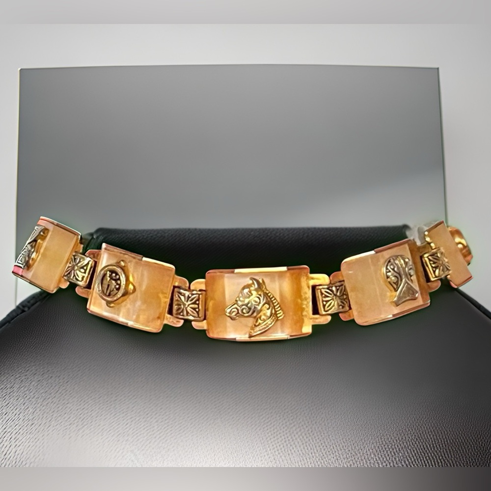 Vtg Damascene Style Lucite Insert Ornate Panel Bracelet - Picture 1 of 7